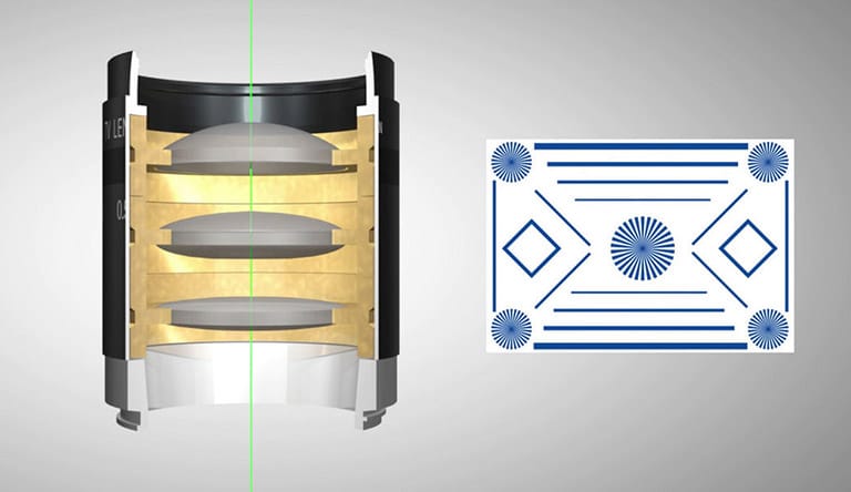 Illustration of the optical axes and the axes of the barrel coincide, lens distances are correct